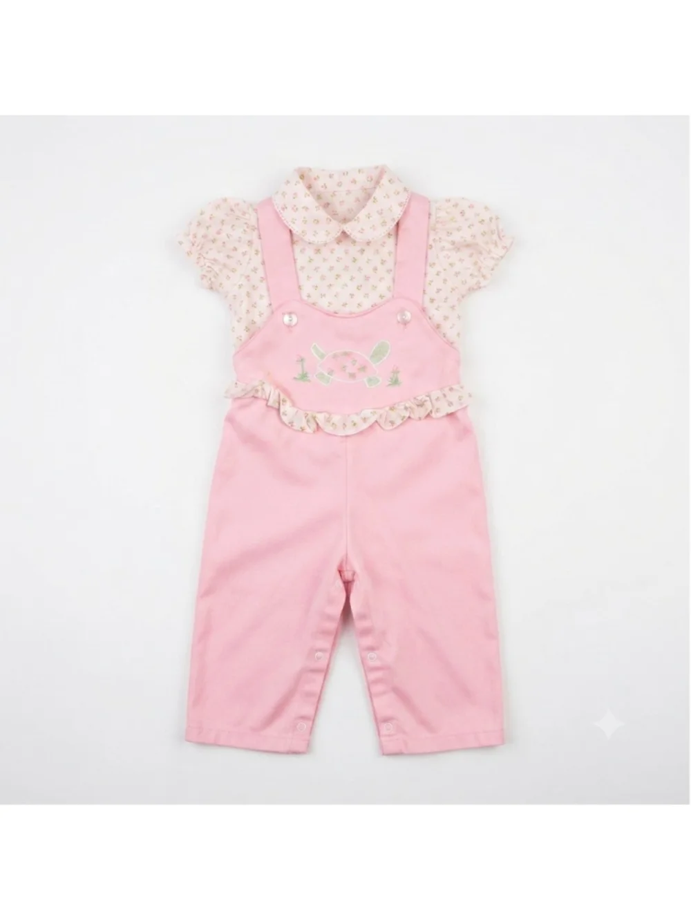 Vintage Toddler Baby Overalls Set 12 Months Pink Floral Embroidery Turtle Outfit
